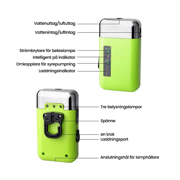 "Elegant syrepump för fiske med tyst drift, kompakt design, och betesljus för nattfiske. Perfekt för fisketurer."