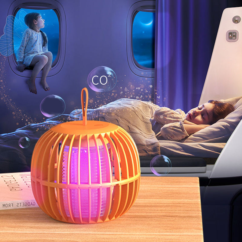 "Elegant, tyst myggdödarlampa med USB-laddning, kompakt design och lila ljusfunktion. Perfekt för bord eller tält."