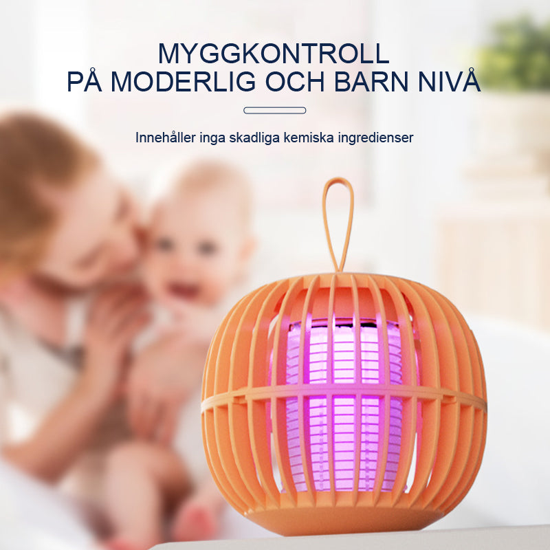 "Elegant, tyst myggdödarlampa med USB-laddning, kompakt design och lila ljusfunktion. Perfekt för bord eller tält."