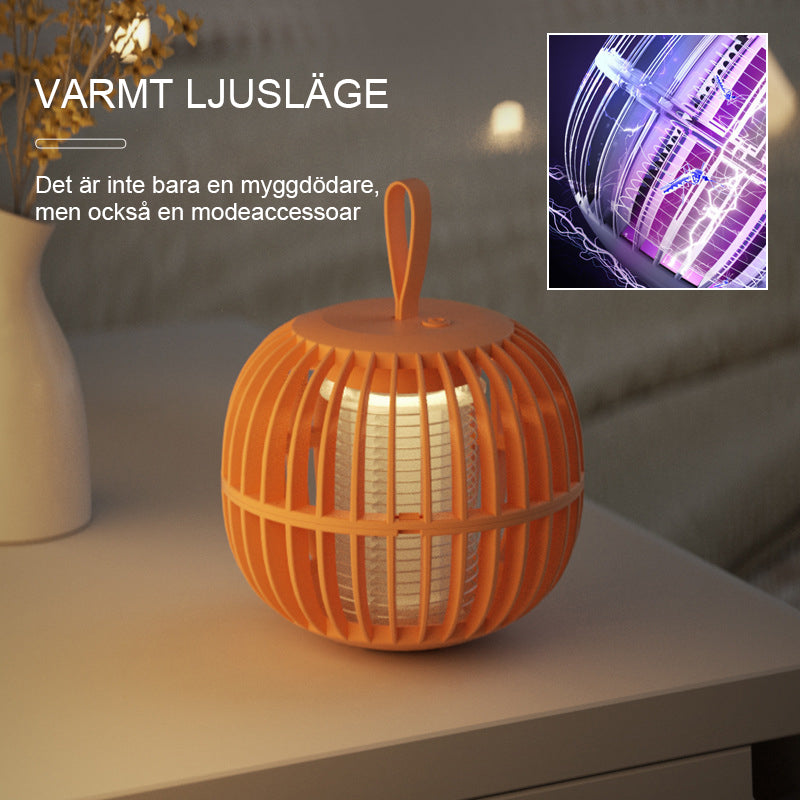 "Elegant, tyst myggdödarlampa med USB-laddning, kompakt design och lila ljusfunktion. Perfekt för bord eller tält."
