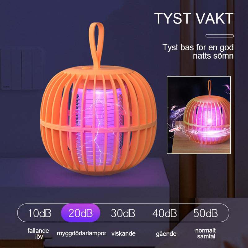 "Elegant, tyst myggdödarlampa med USB-laddning, kompakt design och lila ljusfunktion. Perfekt för bord eller tält."