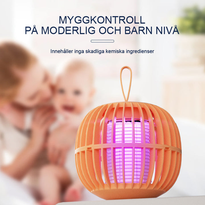"Elegant, tyst myggdödarlampa med USB-laddning, kompakt design och lila ljusfunktion. Perfekt för bord eller tält."