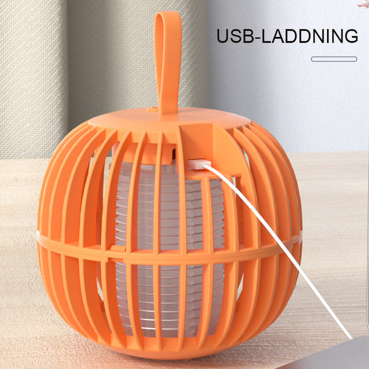 "Elegant, tyst myggdödarlampa med USB-laddning, kompakt design och lila ljusfunktion. Perfekt för bord eller tält."