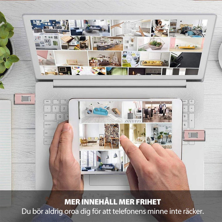 "Elegant USB-minne, kompatibelt med iPhone, iPad, Android. Snabb överföring via USB 3.0, flera färger och storlekar."