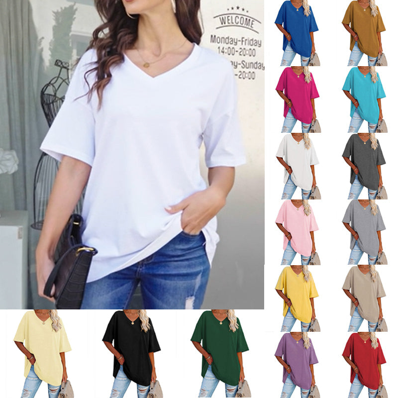 "Elegant V-ringad dam T-shirt för sommar, mjukt luftigt tyg, chic flödande design, perfekt för varma dagar."