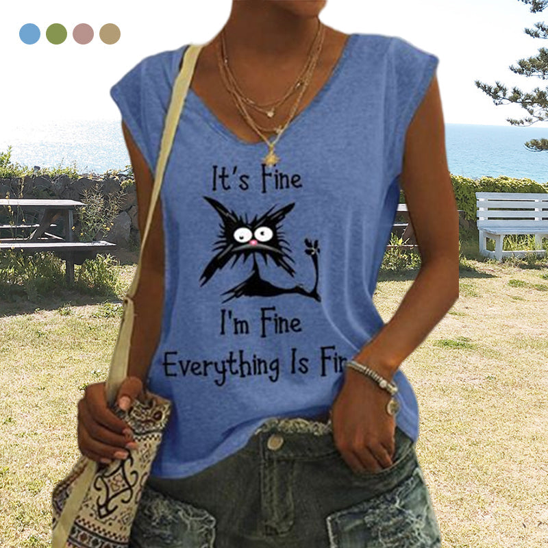 "Elegant V-ringad dam T-shirt med kattmönster, kortärmad, löst sittande för en avslappnad och lekfull stil."