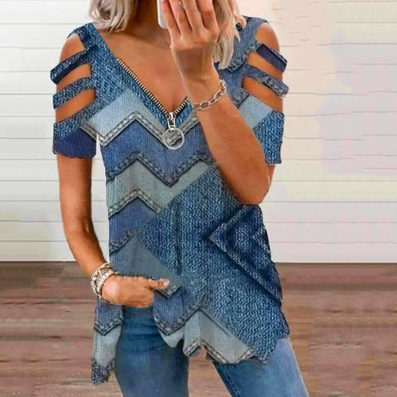 "Elegant V-ringad kortärmad t-shirt med dragkedja, djärvt mönster. Perfekt för sommar, kvinnors toppar och blusar."