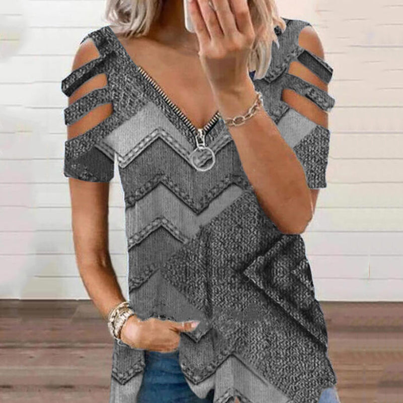 "Elegant V-ringad kortärmad t-shirt med dragkedja, djärvt mönster. Perfekt för sommar, kvinnors toppar och blusar."