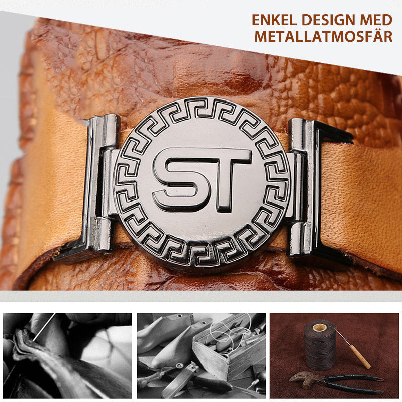 "Eleganta herrskor med krokodilmönster i mjuk kohud, platt häl, gummisula, svart, mörkbrun eller rödbrun färgval."