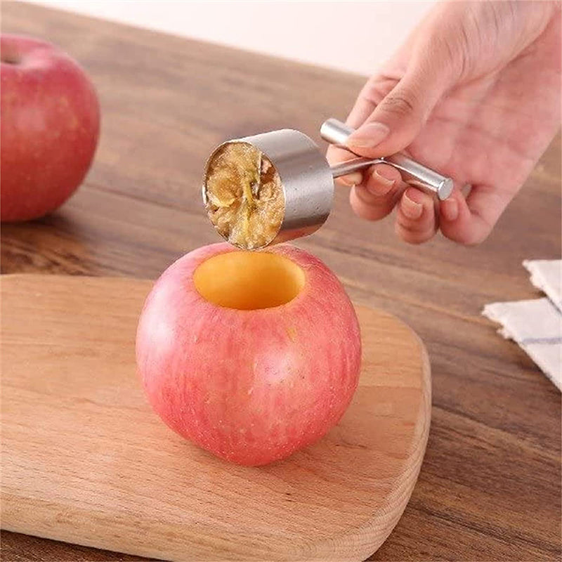 "Eleganta rostfria stål fruktkärnavskiljare med ergonomiskt handtag, perfekt för snabb och enkel fruktberedning i köket."