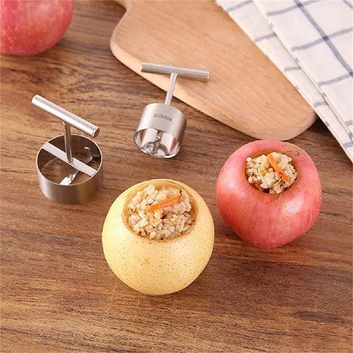 "Eleganta rostfria stål fruktkärnavskiljare med ergonomiskt handtag, perfekt för snabb och enkel fruktberedning i köket."