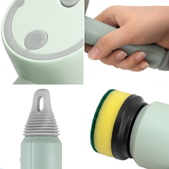 Elektrisk handhållen rengöringsborste, vit/grön/rosa, ergonomiskt grepp, roterande borsthuvud för effektiv rengöring.