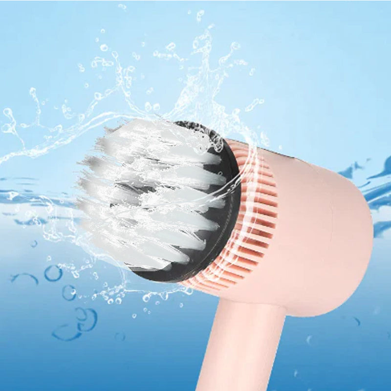 Elektrisk handhållen rengöringsborste, vit/grön/rosa, ergonomiskt grepp, roterande borsthuvud för effektiv rengöring.
