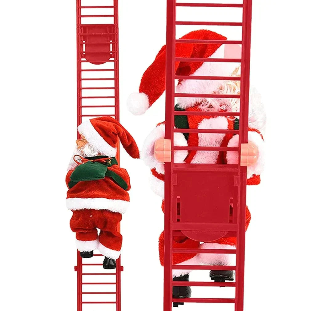 "Elektrisk klätterstege med jultomte, röd kostym, klättrar, spelande julmusik, idealisk juldekoration för hemmet."