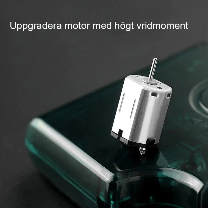 "Elektrisk krokbindningsmaskin i sjöblå, grå färg, med långt handtag och kompakt design för precisionsfiske."