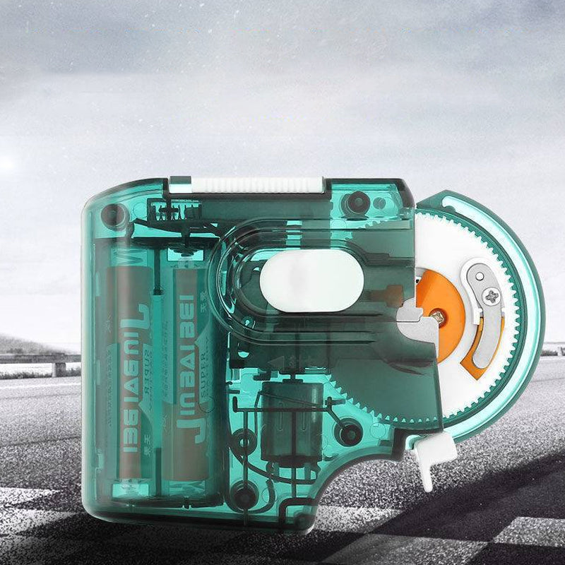 "Elektrisk krokbindningsmaskin i sjöblå, grå färg, med långt handtag och kompakt design för precisionsfiske."