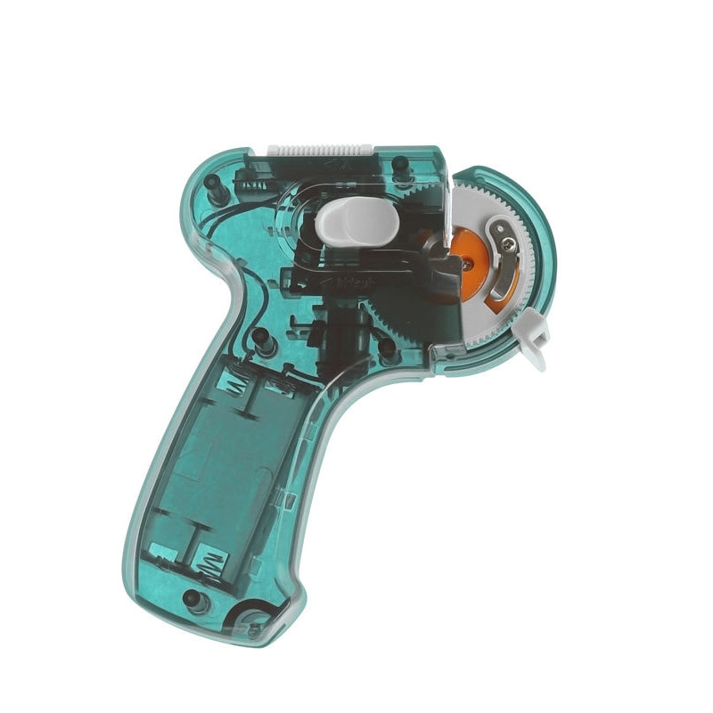 "Elektrisk krokbindningsmaskin i sjöblå, grå färg, med långt handtag och kompakt design för precisionsfiske."