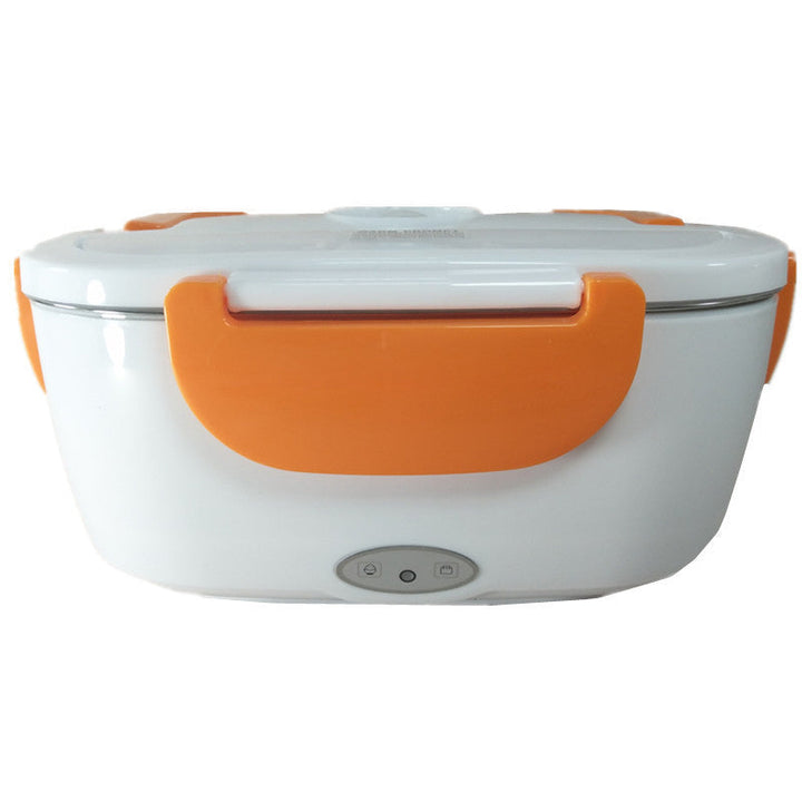 "Elektrisk matlåda i färgerna blå, grön, orange, rosa och turkos; kompakt design för snabb lunchuppvärmning."