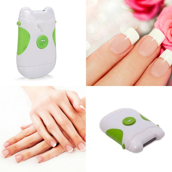 "Elektrisk nagelklippare i grön och vit med roterande blad och filningsfunktion för säker och jämn nagelvård."