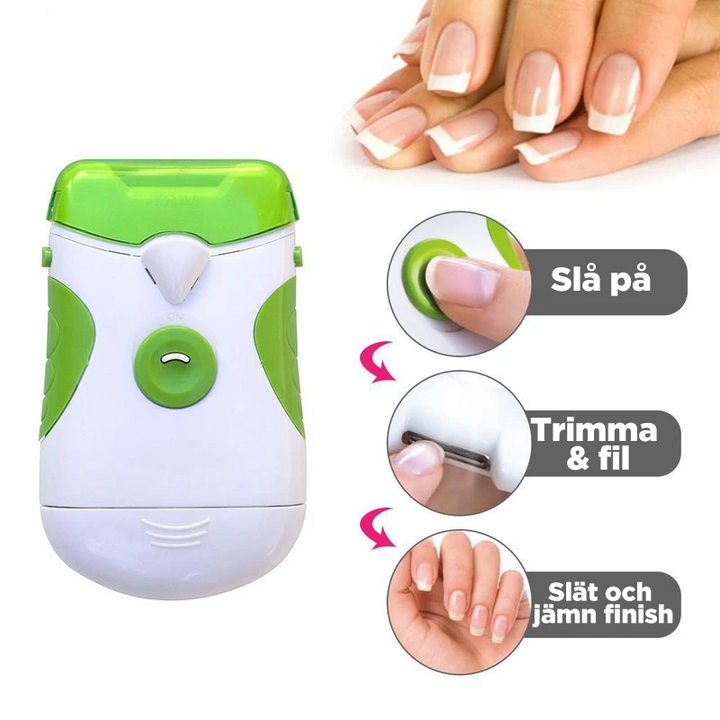 "Elektrisk nagelklippare i grön och vit med roterande blad och filningsfunktion för säker och jämn nagelvård."