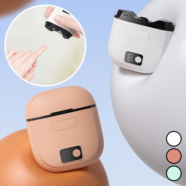 "Elektrisk smart nagelklippare med automatisk trim, 360° roterande blad och integrerad förvaringsbehållare, grön färg."