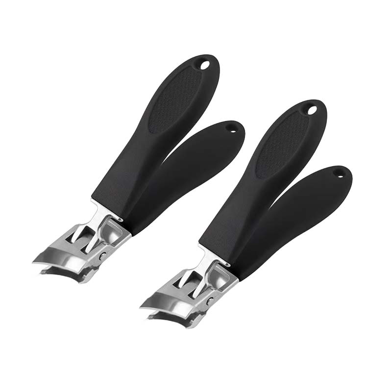Ergonomisk antistänk nagelklippare i rostfritt stål med bred käköppning och snedställd skäregg, bekvämt handtag.