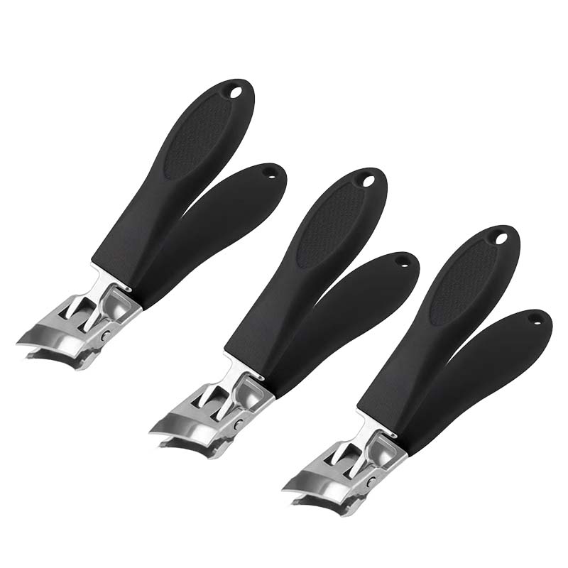 Ergonomisk antistänk nagelklippare i rostfritt stål med bred käköppning och snedställd skäregg, bekvämt handtag.