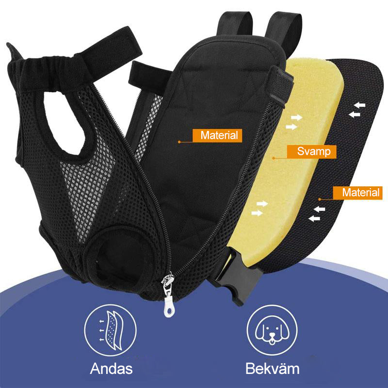 "Ergonomisk husdjursryggsäck med justerbara vadderade remmar, svart nylon och meshventilation för bekväm transport."