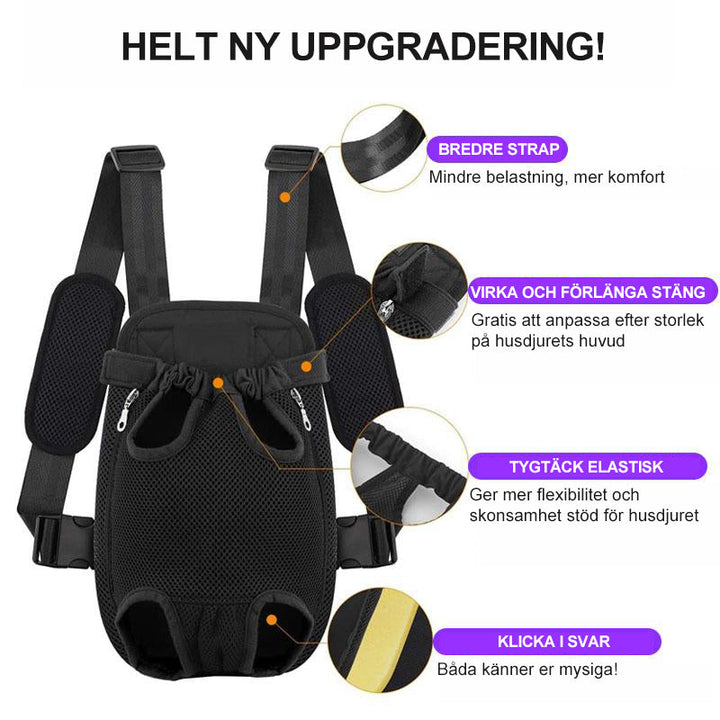 "Ergonomisk husdjursryggsäck med justerbara vadderade remmar, svart nylon och meshventilation för bekväm transport."
