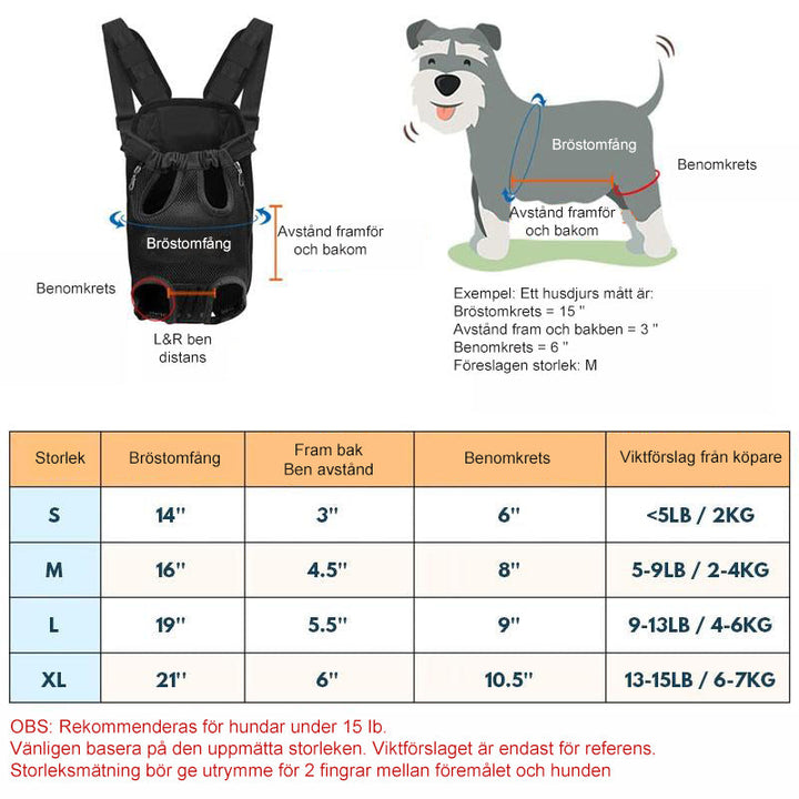 "Ergonomisk husdjursryggsäck med justerbara vadderade remmar, svart nylon och meshventilation för bekväm transport."