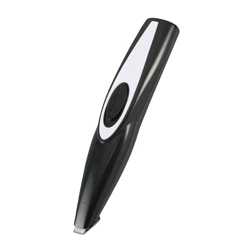 "Ergonomisk mini trimmer för husdjur, kompakt design i svart med säkerhetsblad, perfekt för svåråtkomliga områden."