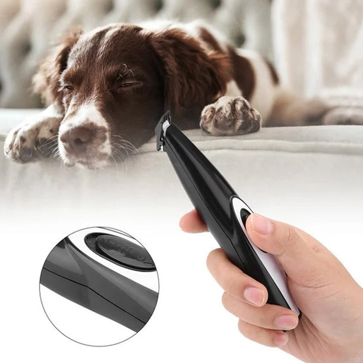 "Ergonomisk mini trimmer för husdjur, kompakt design i svart med säkerhetsblad, perfekt för svåråtkomliga områden."