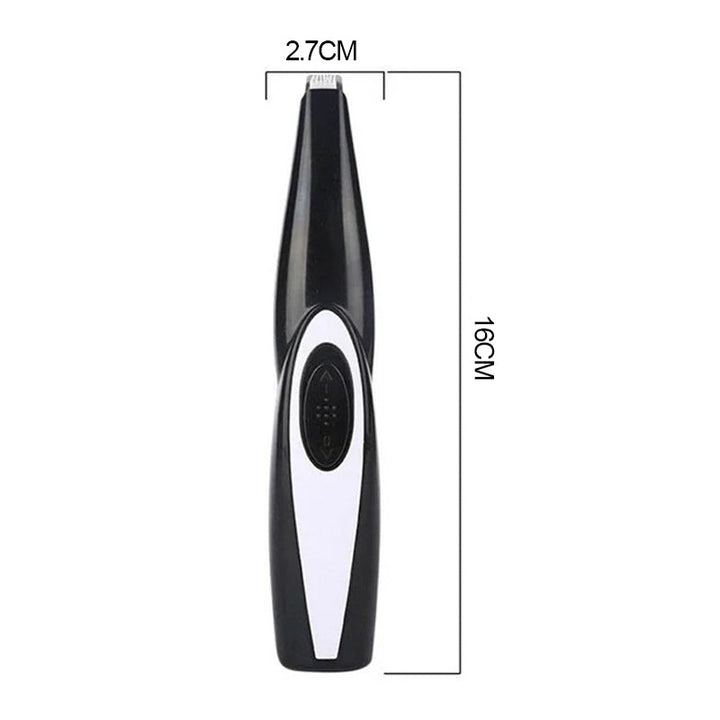 "Ergonomisk mini trimmer för husdjur, kompakt design i svart med säkerhetsblad, perfekt för svåråtkomliga områden."