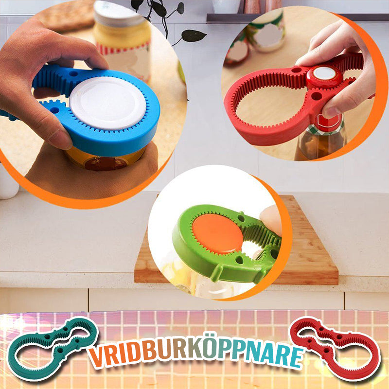 "Ergonomisk Twist Burköppnare i hållbar PVC med justerbart grepp, visar burköppnare i blå, grön och röd."