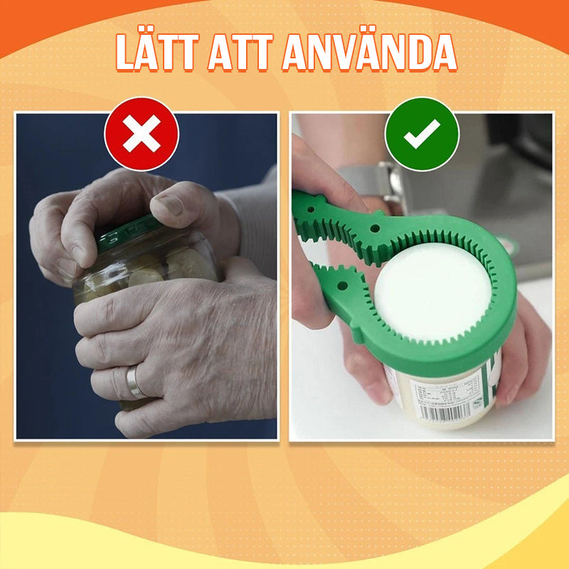 "Ergonomisk Twist Burköppnare i hållbar PVC med justerbart grepp, visar burköppnare i blå, grön och röd."