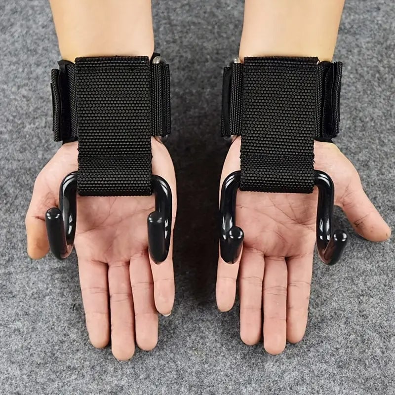 "Ergonomiska, svarta handledsstöd med metallkrokar för styrketräning, justerbara med neoprenfodring för komfort."