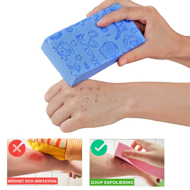 "Exfolierande unisex badsvamp för mjukare hud, i livfulla färger som blå och rosa, mot döda hudceller, maximerar mjukhet."