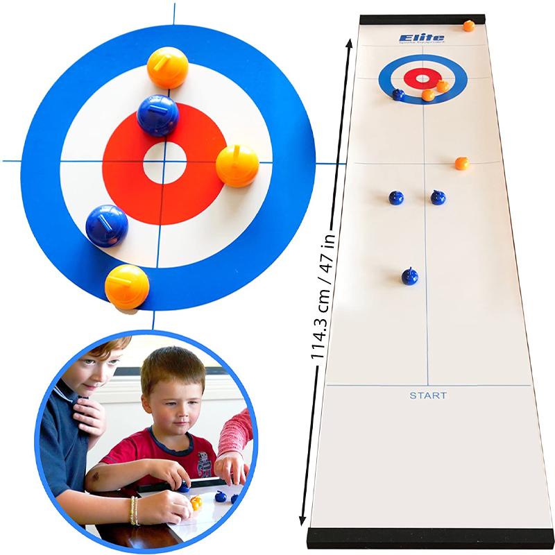 "Familjevänligt bordscurlingspel med slät isliknande yta, uppställd spelplan och färgglada curlingstenar"