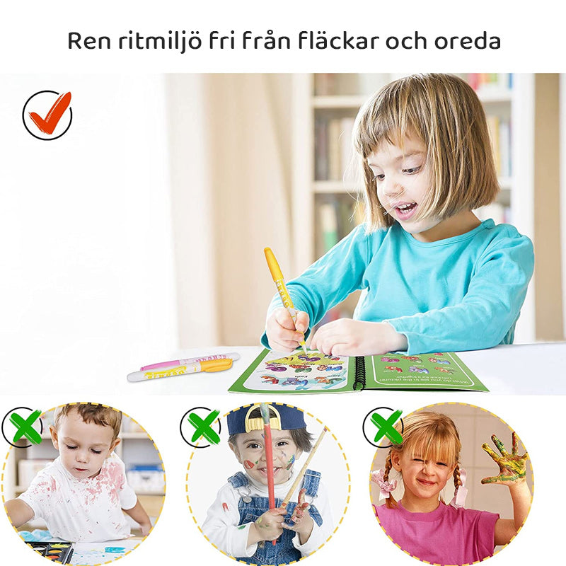 "Färgglad återskapningsbar vattenmålarbok för barn, perfekt för lärande och kreativitet med olika underbara teman."