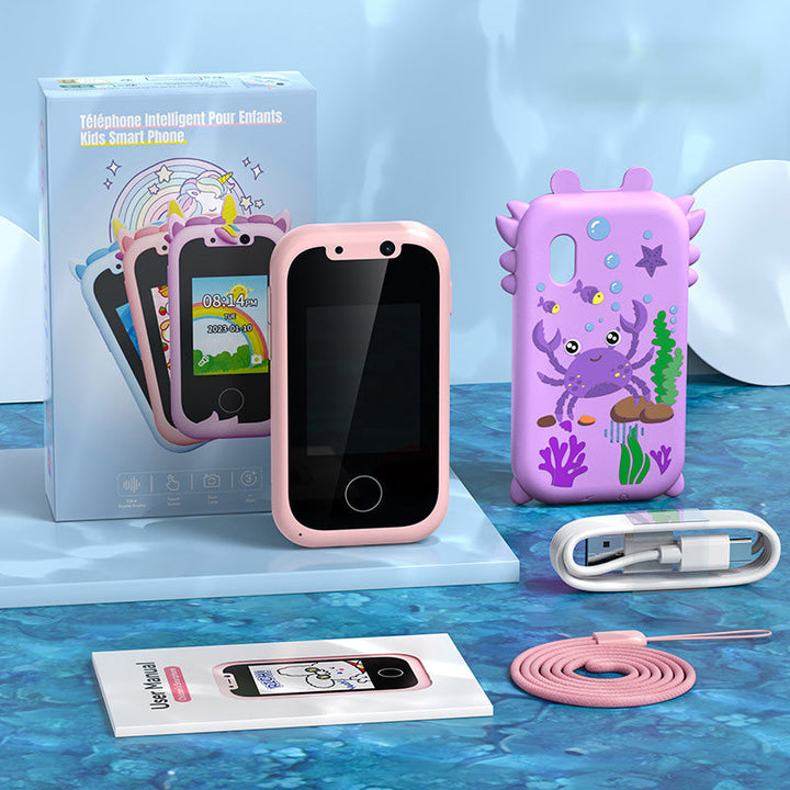 "Färgglad barnvänlig smarttelefonleksak med kamera, ritfunktion och världskarta för lärande och kreativ lek."