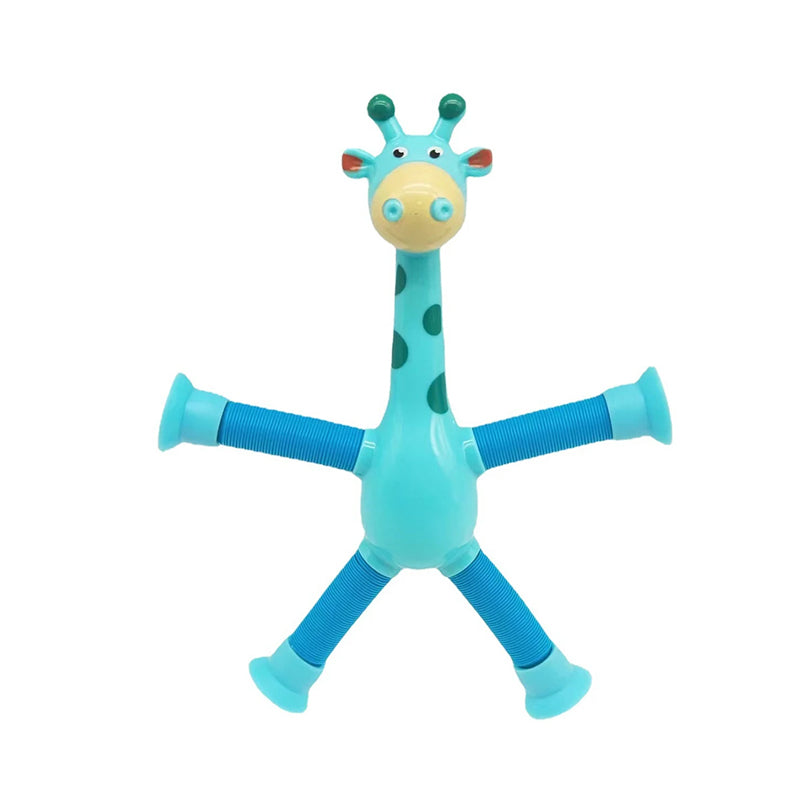 Färgglad förlängbar sugkopp giraffleksak med teleskopfunktion, idealisk för barnlek och kreativ stimulans.