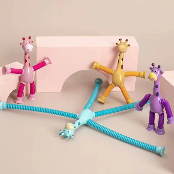 Färgglad förlängbar sugkopp giraffleksak med teleskopfunktion, idealisk för barnlek och kreativ stimulans.