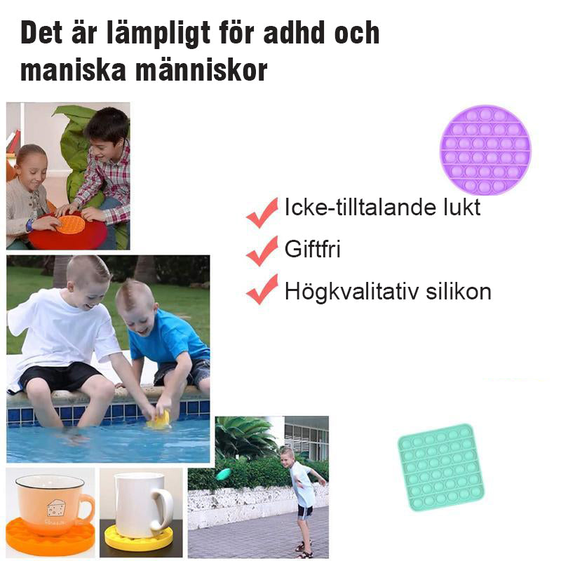 "Färgglad fyrkantig silikon leksak för barn, bubbelpoppande och kreativt stimulerande, utvecklar finmotoriska färdigheter."