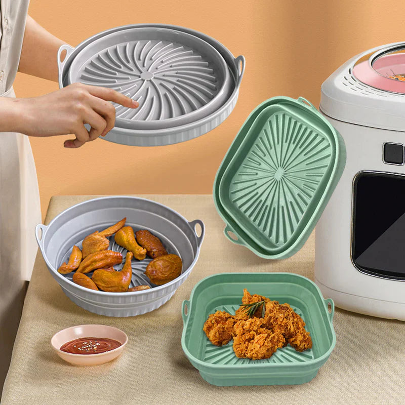"Färgglad hopfällbar silikon air fryer grillpanna för kök, kvadratisk form, främjar hälsosam och enkel matlagning."