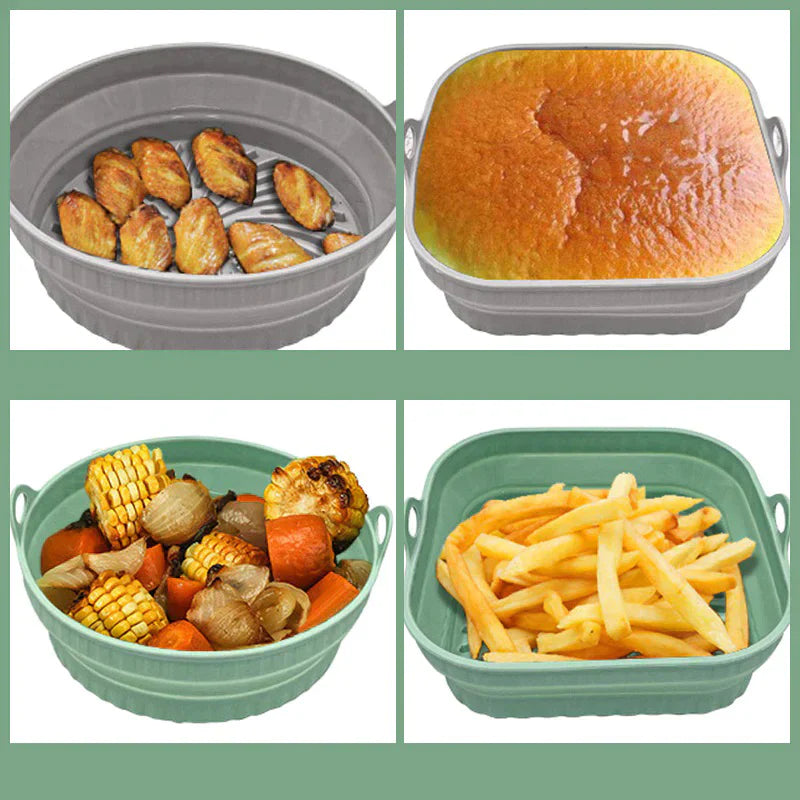"Färgglad hopfällbar silikon air fryer grillpanna för kök, kvadratisk form, främjar hälsosam och enkel matlagning."