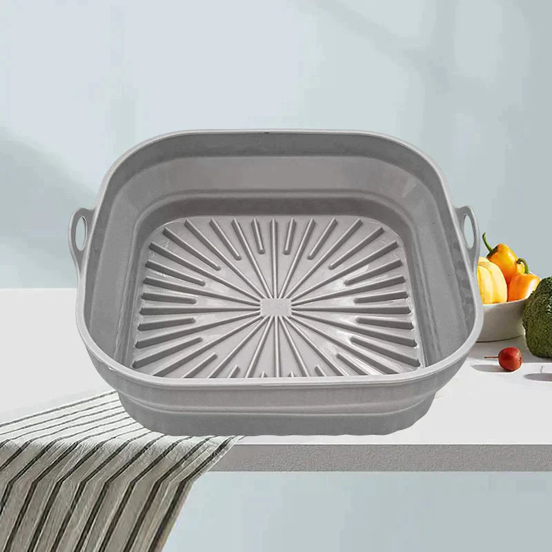 "Färgglad hopfällbar silikon air fryer grillpanna för kök, kvadratisk form, främjar hälsosam och enkel matlagning."