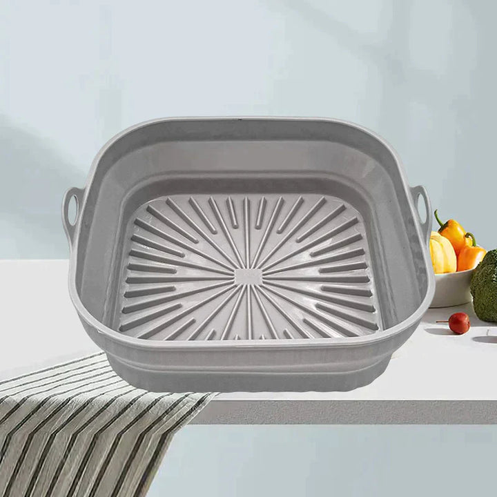 "Färgglad hopfällbar silikon air fryer grillpanna för kök, kvadratisk form, främjar hälsosam och enkel matlagning."