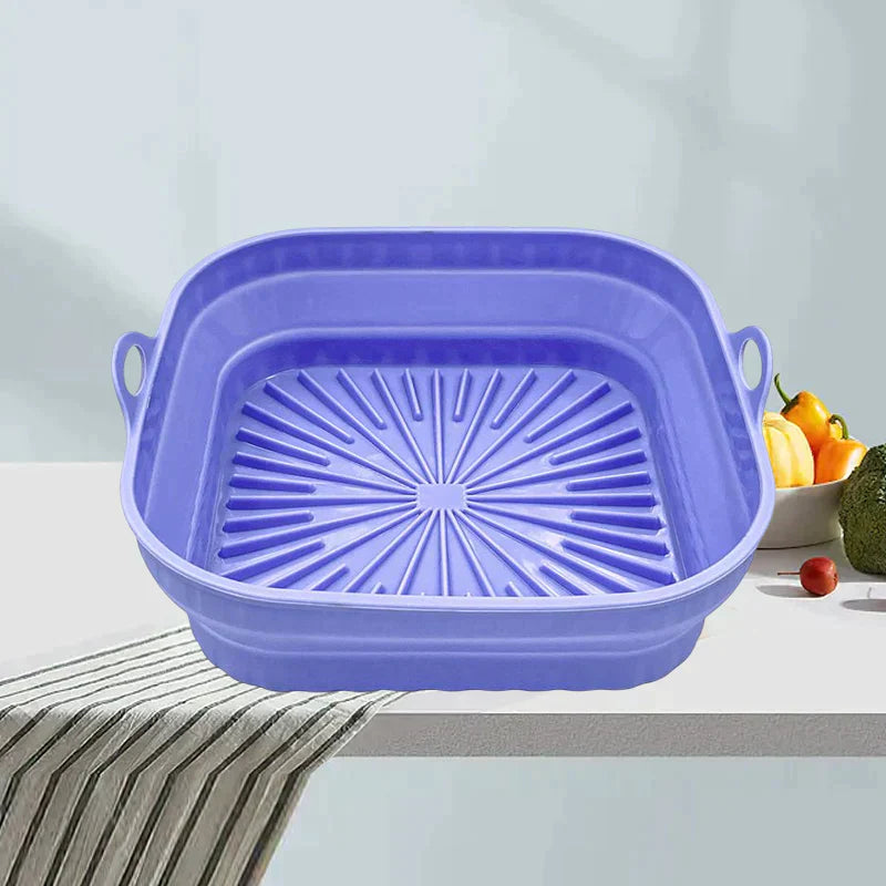 "Färgglad hopfällbar silikon air fryer grillpanna för kök, kvadratisk form, främjar hälsosam och enkel matlagning."