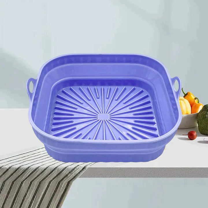 "Färgglad hopfällbar silikon air fryer grillpanna för kök, kvadratisk form, främjar hälsosam och enkel matlagning."