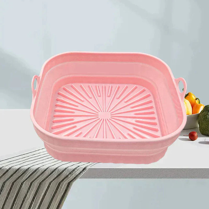 "Färgglad hopfällbar silikon air fryer grillpanna för kök, kvadratisk form, främjar hälsosam och enkel matlagning."